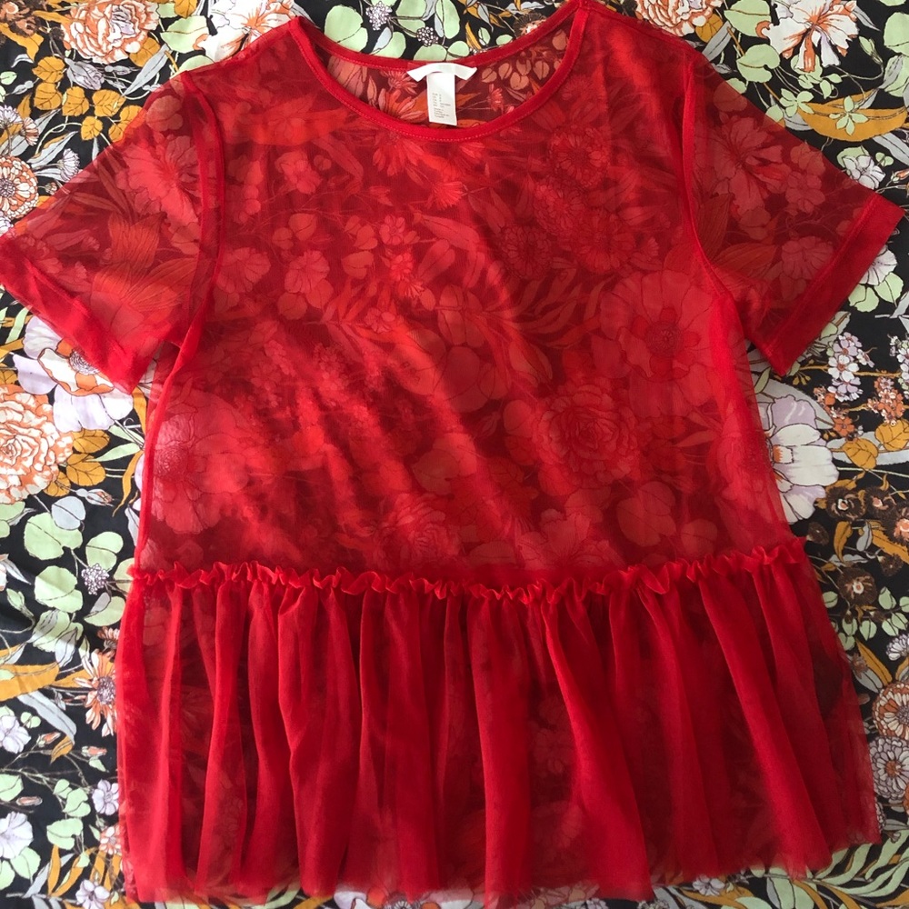 Oversized Red Mesh Peplum Shirt
